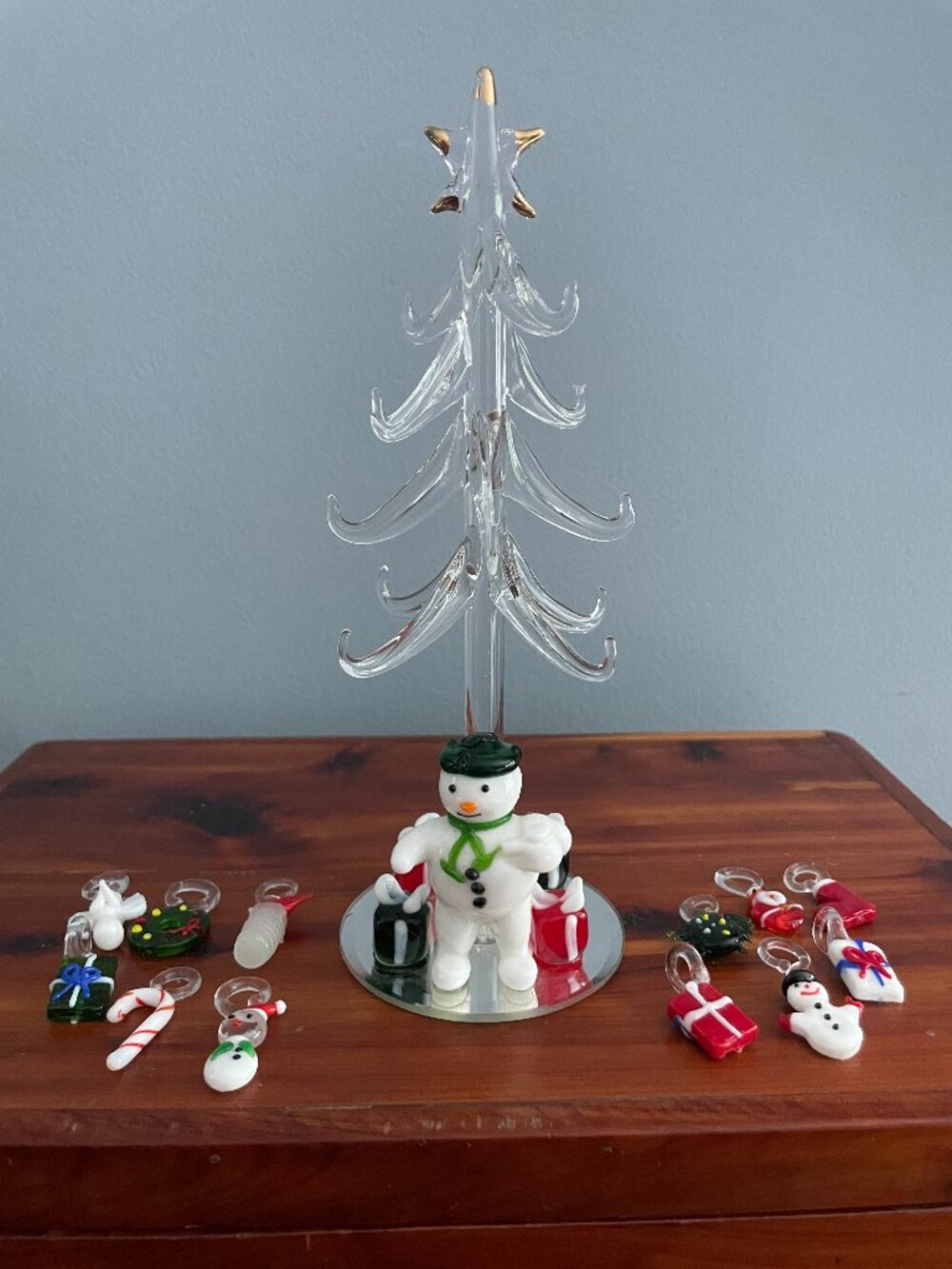 Mini Crystal Christmas Tree with Snowman and 12 Hand Blown Ornaments Art Glass
